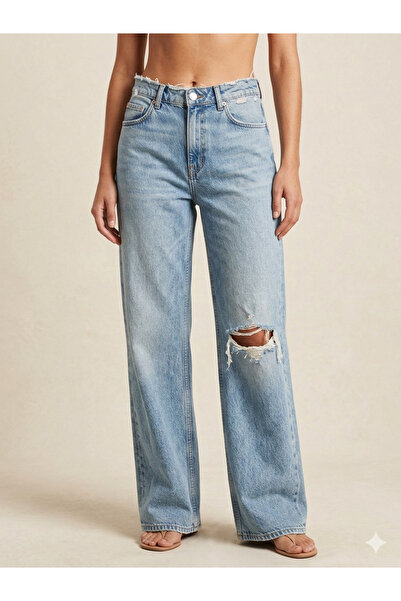 ARDSU Stradivar, High Waist Ripped Detailed Wide Leg Jean Pants -