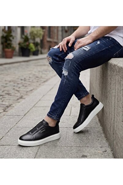 modaayakkabı Black Genuine Leather Elastic Eva Sole Sneaker Shoes