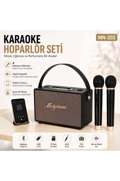 Tastech MN-202 Çift Kablosuz Mikrofonlu Bluetooth Karaoke Spekaer Şarjlı Taşı...
