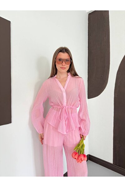Ekim Store Pleated Oversize Transparent Shirt and Pants Set