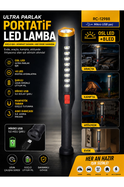 kialed Şarjlı Portatif LED Çalışma Lambası Mıknatıslı USB Şarjlı Kamp ve Oto ...