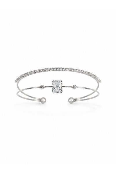 serelya Brass Silver Color Zircon Stone Baguette Model Women's Bracelet