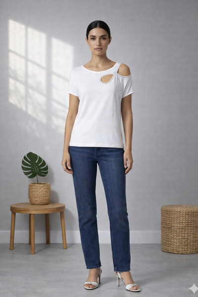 Okçu Triko Stone Detailed Women's Blouse 25Y46012-Ekru-16