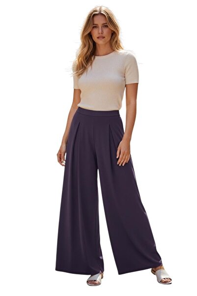 Peach Wide-Leg Palazzo Trousers for Women, High-Waisted with Pleated Front, C...