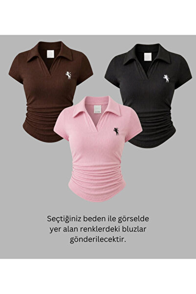 Gofeel Women's 3-Piece Vintage Polo Collar Ribbed Lycra Blouse
