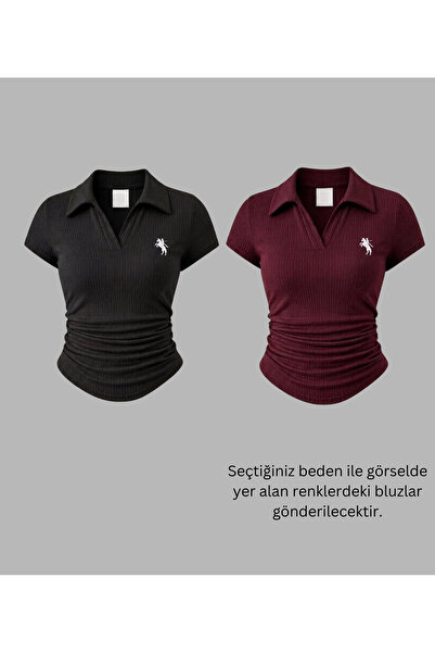 Gofeel Women's 2 Li Vintage Polo Collar Ribbed Lycra Blouse