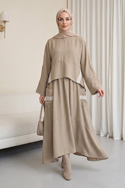 Modamorfo Striped Long Back Skirt with Pockets and Elastic Modal Cotton Set -...