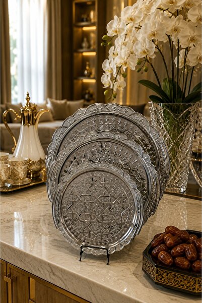 Generic Royal Design and Patterned Geometric Silver Round Tray Set with Scall...