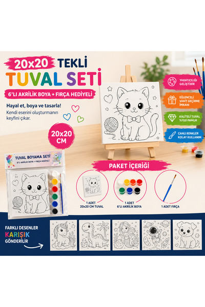 WeSank 20x20 Desenli Boyanabilir Tuval Seti – 6’lı Akrilik Boya ve Fırça Hedi...