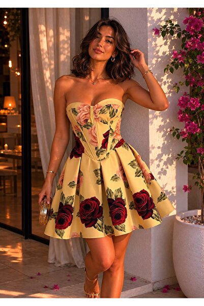 D'RECCY Women's Waist-Corseted Patterned Strapless Pleated Latin Short Evenin...
