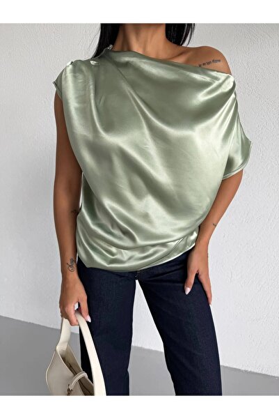 hazelin Women's Green One-Shoulder Asymmetrical Cut Satin Blouse Hzl26W-Fry12...