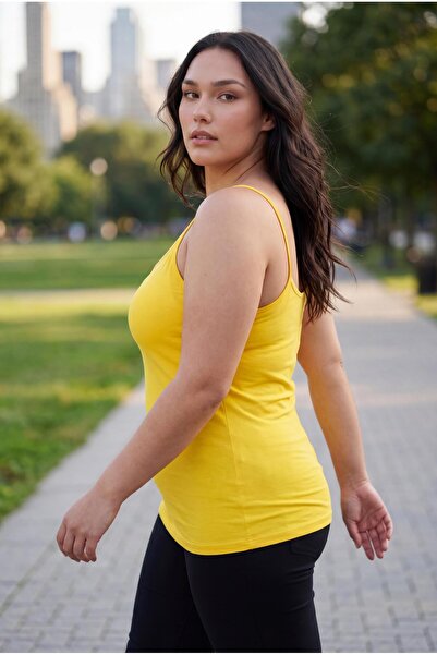 Ebsumu Women's Plus Size Knitted Yellow Blouse with Rope Straps