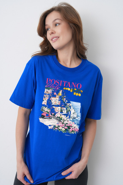 TREND EMMODA Tricou casual pentru femei, cu imprimeu peisaj Positano, cu gât ...