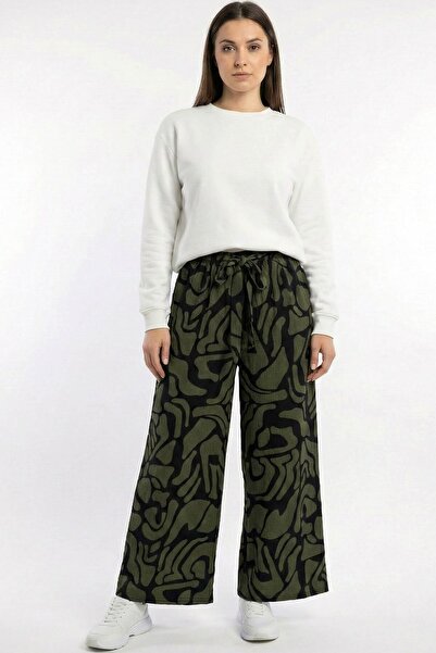 hadiora Women's Black Khaki Abstract Patterned Atlas Wide Leg Pants