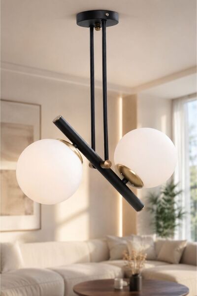 VENON VENA 2.Lİ ✨SİYAH ESKİTME DETAY ✨ BEYAZ GLOP CAMLI ✨ Modern Avize Oturma...