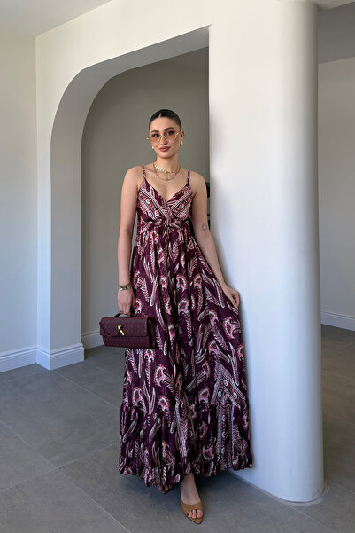 MAGARDE Premium Ethnic Pattern Satin Dress with Straps - Bordo