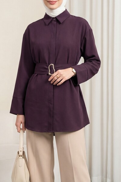 Modamorfo Poplin Tunic with Buckle Belt, Double Cuff Sleeves, and Hidden Butt...