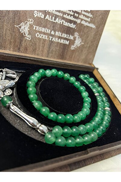 GÜLNAR BİJUTERİ Jade Stone Prayer Beads & Bracelet Set Special Design in Wood...