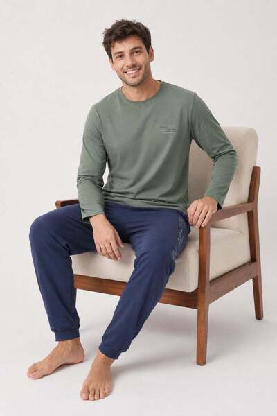 PİJAPİA Men's Long Sleeve 100% Cotton Pajama Set Khaki