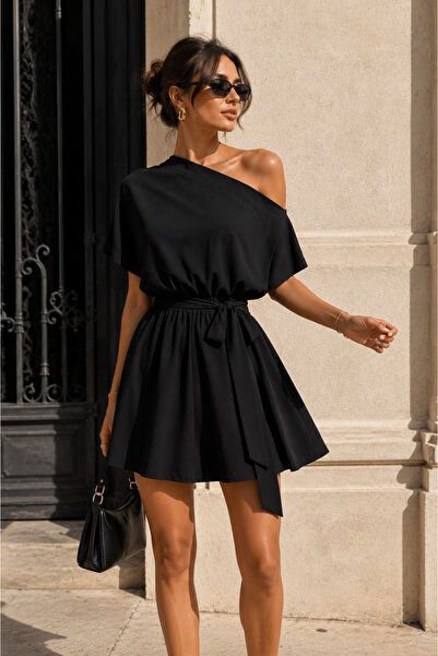 NA ADDESIGN One-Shoulder Detailed Belted Mini Dress Black & White Comfortable...