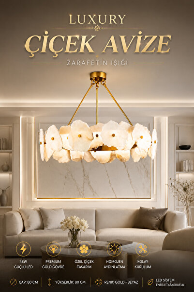 Elvora Home Modern (PREMIUM) Gold Çiçek Tasarımlı Luxury Avize LED Salon Yeme...