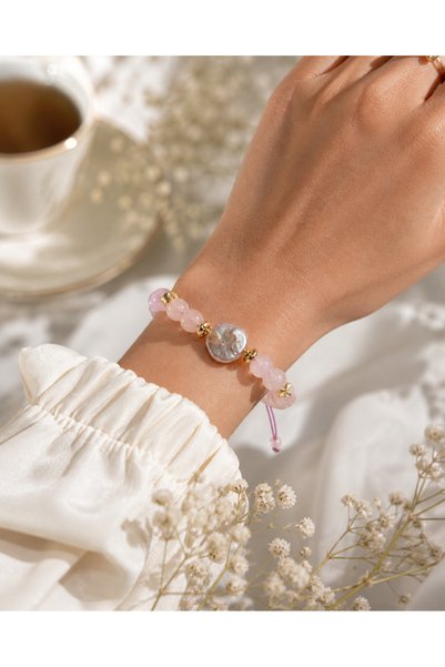 Zokak Pink Quartz Pearl Natural Stone Women's Bracelet with Gold Detail Adjustable Gift Bracelet