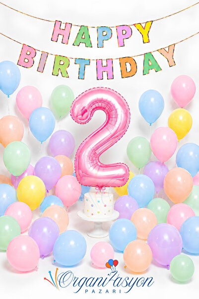 Organizasyon Pazarı 2 Year Birthday Concept Macaron Colors Pink Number Foil B...