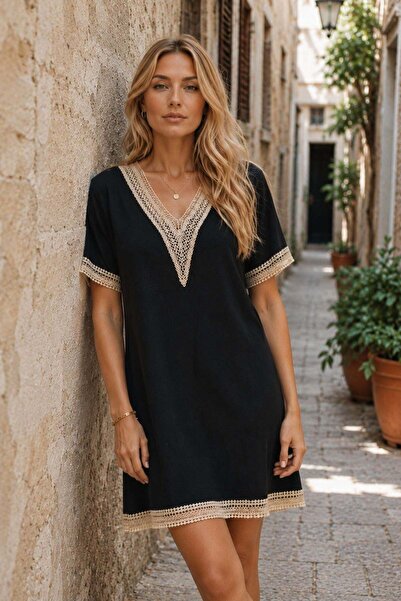 Mossta Short Sleeve V-Neck Viscose Dress with Guipure Detail - Black