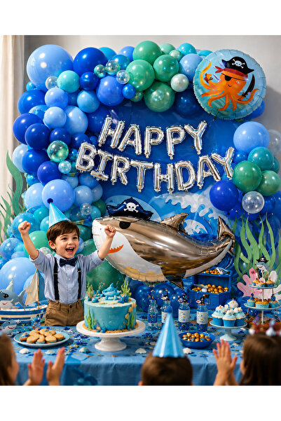 HAKİ Korsan Temalı Happy Birthday Doğum Günü Konsept Balon Süsleme Seti Mavi ...