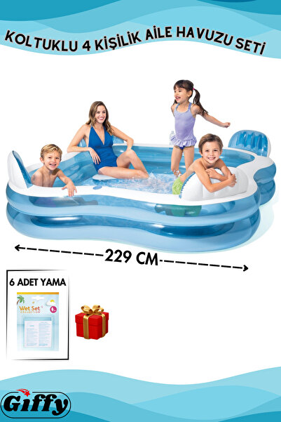 giffy Koltuklu 4 Kişilik Şişme Aile Havuzu 229x229x66 cm 6 Adet Onarım Yamalı...