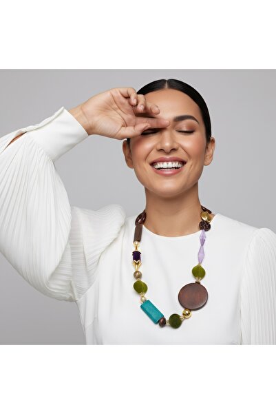 COCOSH TAKI Brown Turquoise Purple Gold Large Beaded Special Design Necklace