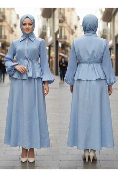 Tradinyom Blue Tie-Waist Ruffle Detailed Hijab Suit