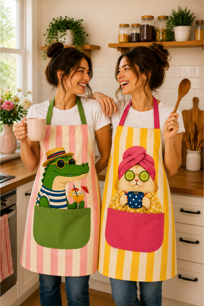 AYSHOME Ays Home Trend Sevimli Aile 2'Li Mutfak Önlüğü Seti Maksimalist Desen