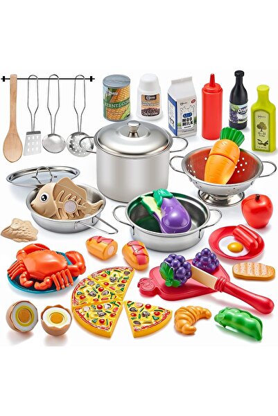 Arabest 52-Piece Kids Kitchen Playset,Pretend Play Food,Stainless Steel Cookw...