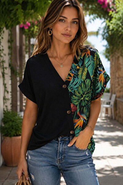 Mossta Patterned Asymmetrical Button Detailed V-Neck Viscose Blouse - Green