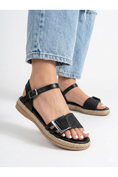 Lütfi Women's Black Straw Detailed Comfortable Sole Daily Sandals