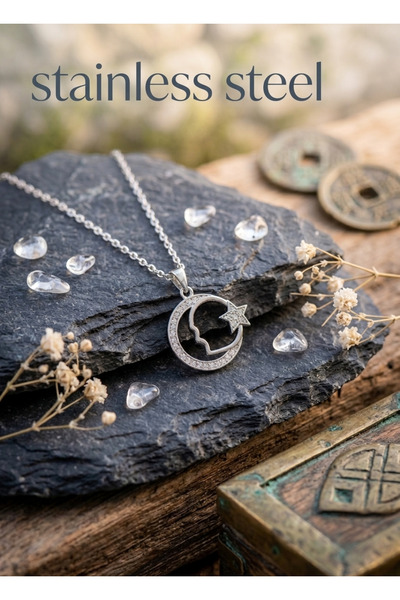 stainless steell 316L Steel Chain Silver Color Zircon Stone Moon Star Symbol ...