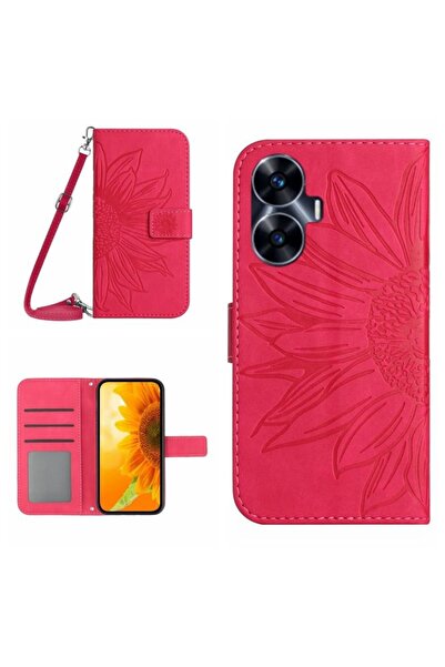sscase Flower Embossed Leather Θήκη Πορτοφόλι Rose Red (Realme C55)