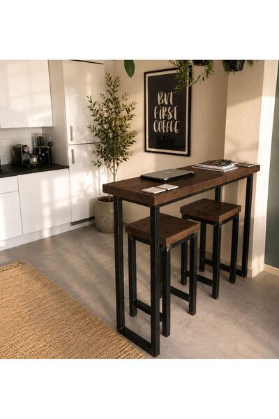 UMUTPARK METAL MASİF AHŞAP MUTFAK MASASI VE TABURESİ(Ceviz Renk).