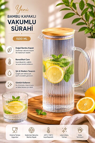 KaraWent Home Vakumlu Bambu Kapaklı Borosilikat Cam Sürahi 1500 ML Çizgili Şe...
