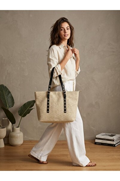 colorfullbag Wicker Look Medium Size Zippered Women's Shoulder Bag
