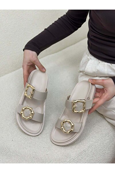 ERVANIN BUTİĞİ Beige Leather (Wesa) Gold Buckle Detail Women's Slippers