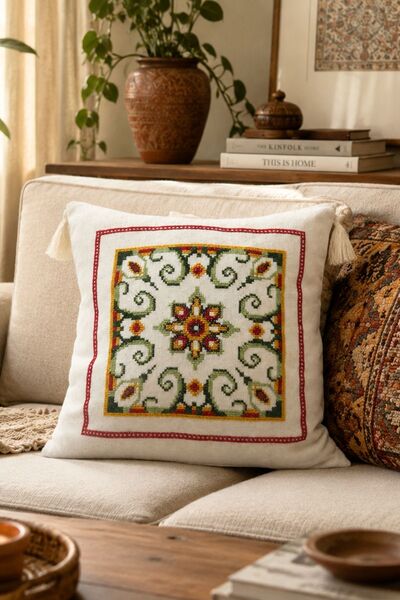 Elegancembroidery El Yapımı Kanaviçe İşlemeli Dolgulu Kırlent – Bohem Dekorat...