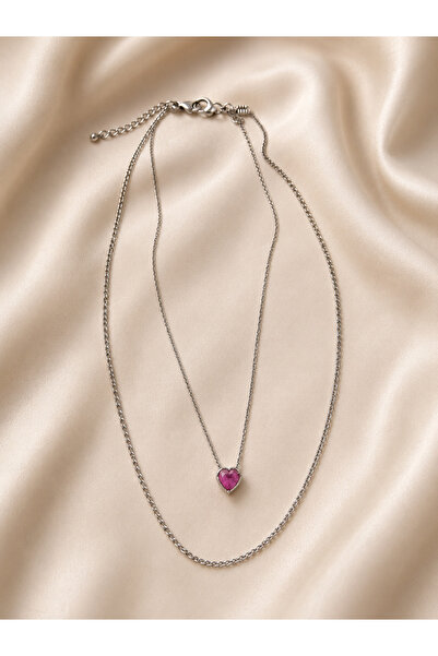 Markiz Takı Pink Heart Double Steel Necklace (40 Cm-45 cm)
