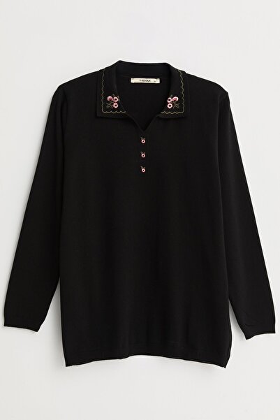 Nihan Plus Size Embroidered Polo Collar Viscose Sweater - Black