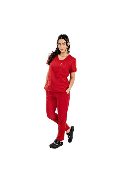 RUNI Costum medical stretch rosu cu bluza cu anchior si pantaloni cu snur si ...