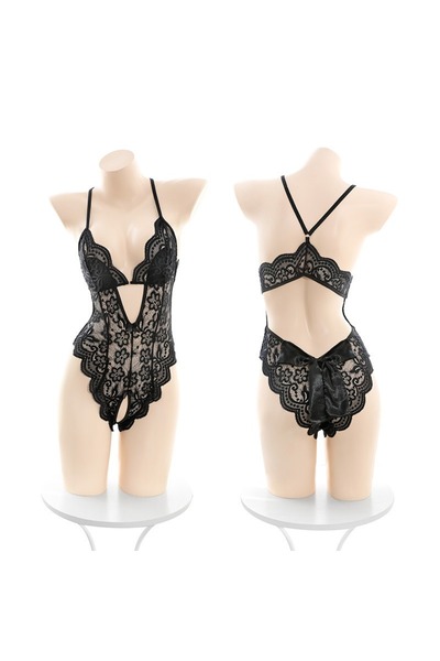 Charming Home Sexy Black Lace Halter Teddy Lingerie, Deep V-Neck Sheer Bodysuit, XL Size for Bedroom, Honeymoon & Romantic Nights