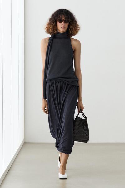 Massimo Dutti Drape detaylı balon midi etek total look