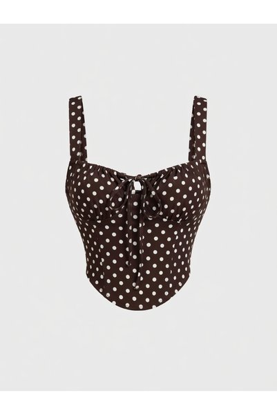 Marin Star Brown Polka Dot Strappy Bustier Crop Blouse, Bitter Brown Polka Dot Corset Form Crop Top