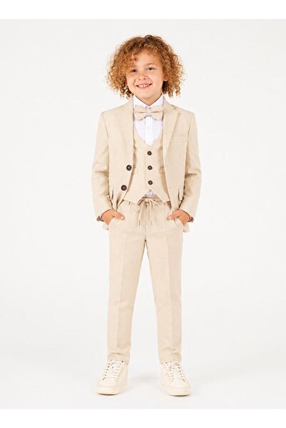 aykidsclup Costum de mire pentru băieți, 4 piese, blazer bej, cămașă, pantalo...